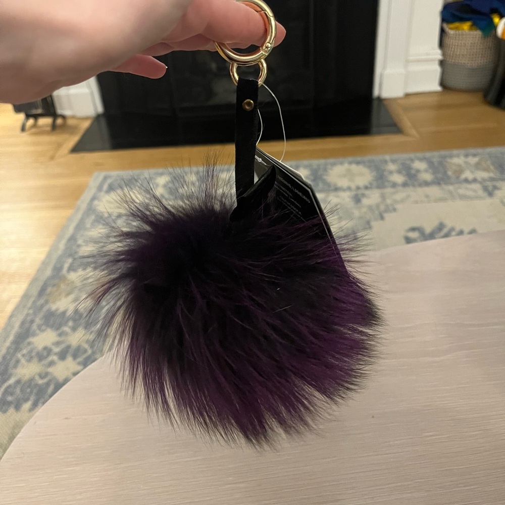 NWT Adrienne Landau Purple and Black Key Holder with Fluffy Pom-Pom